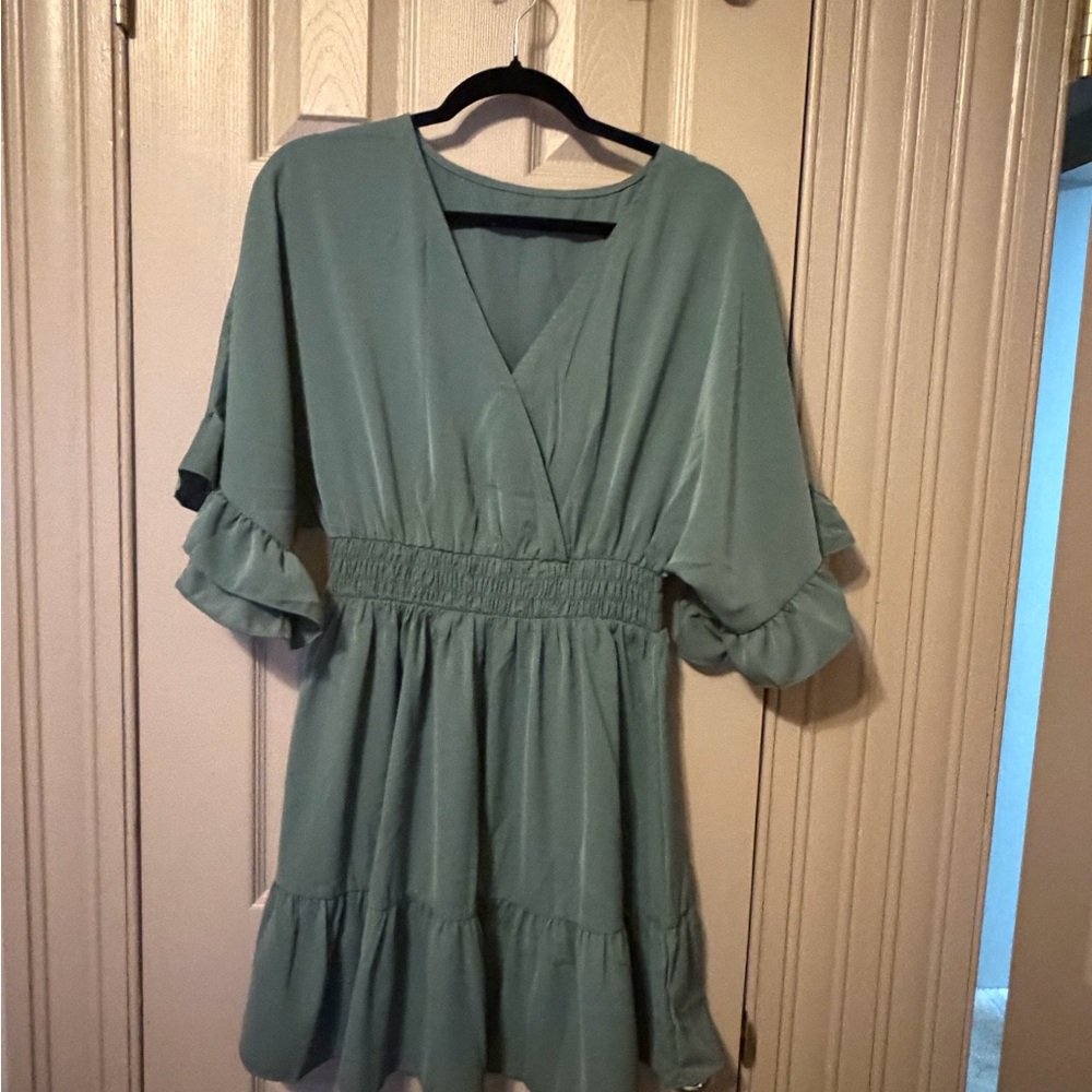 Elegant Teal Dress with Ruffle Sleeves